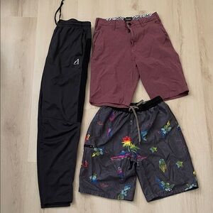 Boys 10/12 bundle -Black Athletic Pants, Maroon Chino Shorts & fun swim trunks
